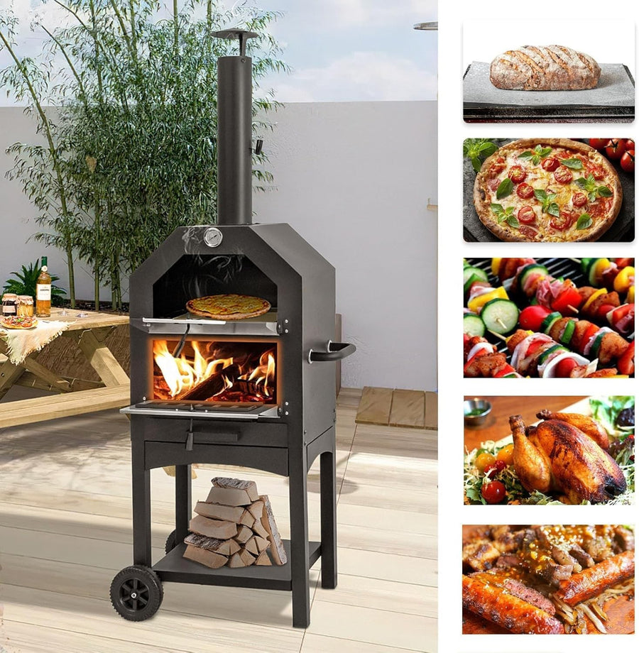 Outdoor Wood Fired Pizza Oven | BBQ Grill with Chimney, Stone & Thermometer