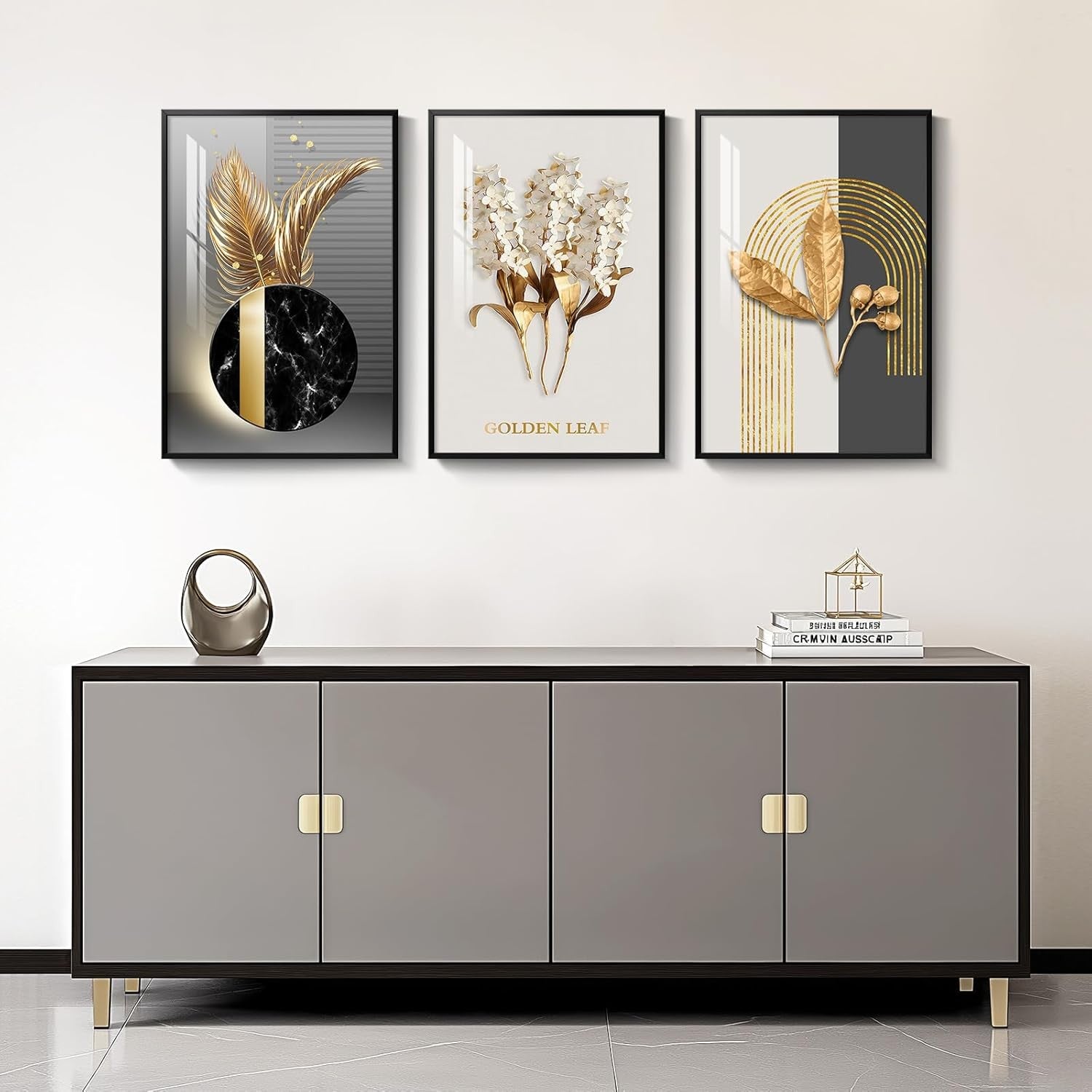 Large Black Gold Wall Art Set of 3 Framed 16x24 Modern