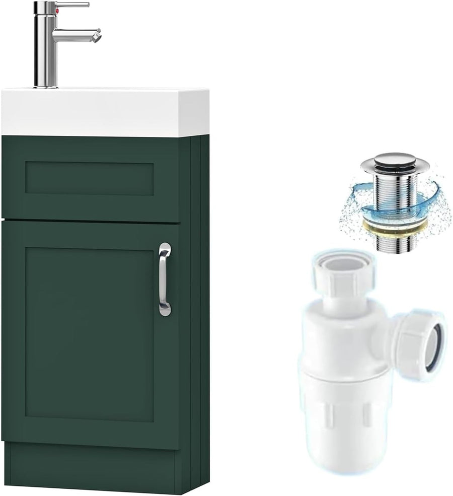 Green Vanity Unit with Basin Trap & Waste – 40cm Compact Under Sink Bathroom
