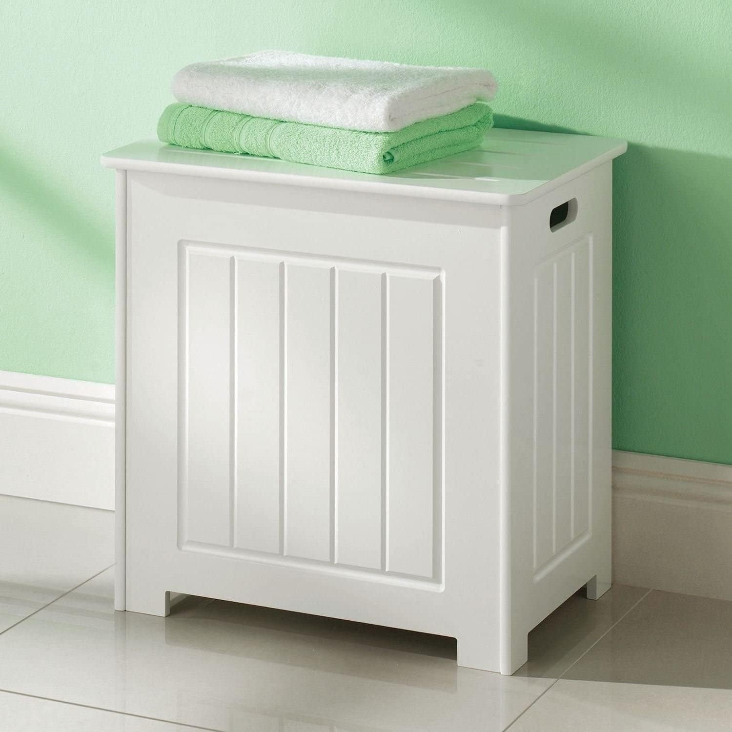 White Wooden Laundry Basket Lid Bathroom Storage Hamper Cabinet