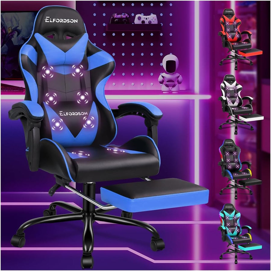 Blue Massage Gaming Chair Recliner w/ Footrest 150° Swivel PU