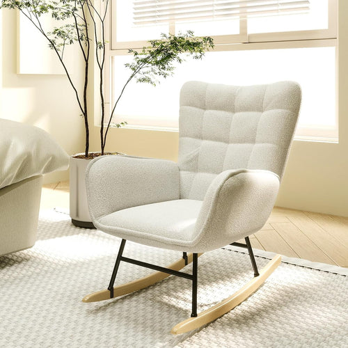 High Back Teddy Fleece Rocking Chair with Solid Wood Legs & Cozy Comfort