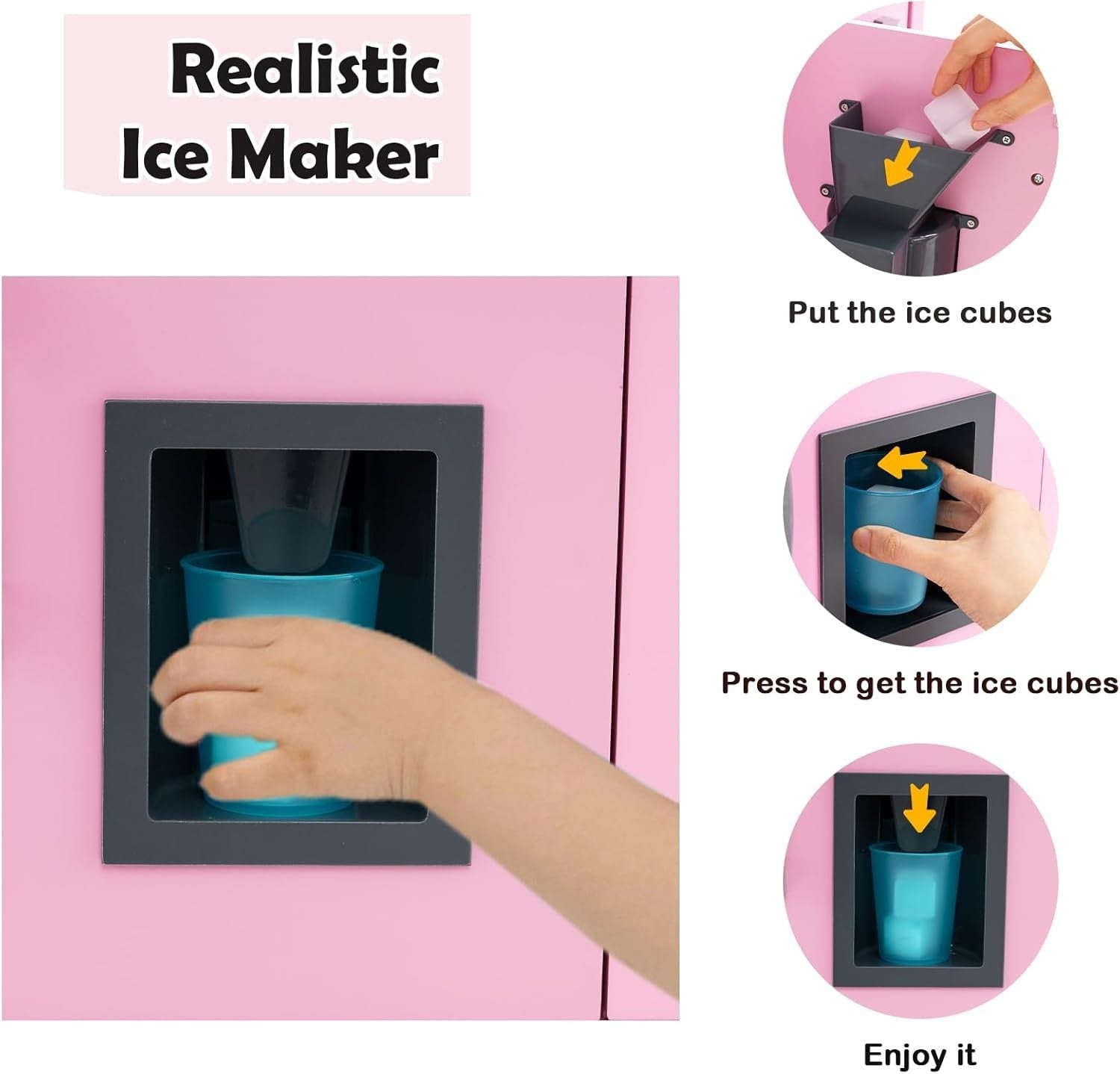 Wooden Kids Play Kitchen Pink Ice Maker Sound Cooking Toy Set
