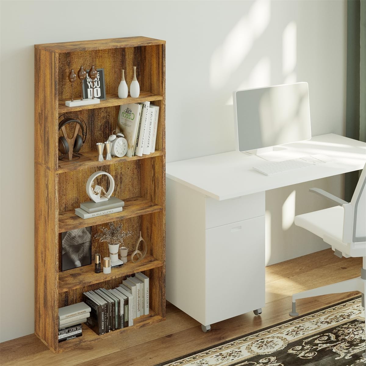 Rustic Wood 6 Tier Tall Bookcase Free Standing Open Shelf Storage Unit