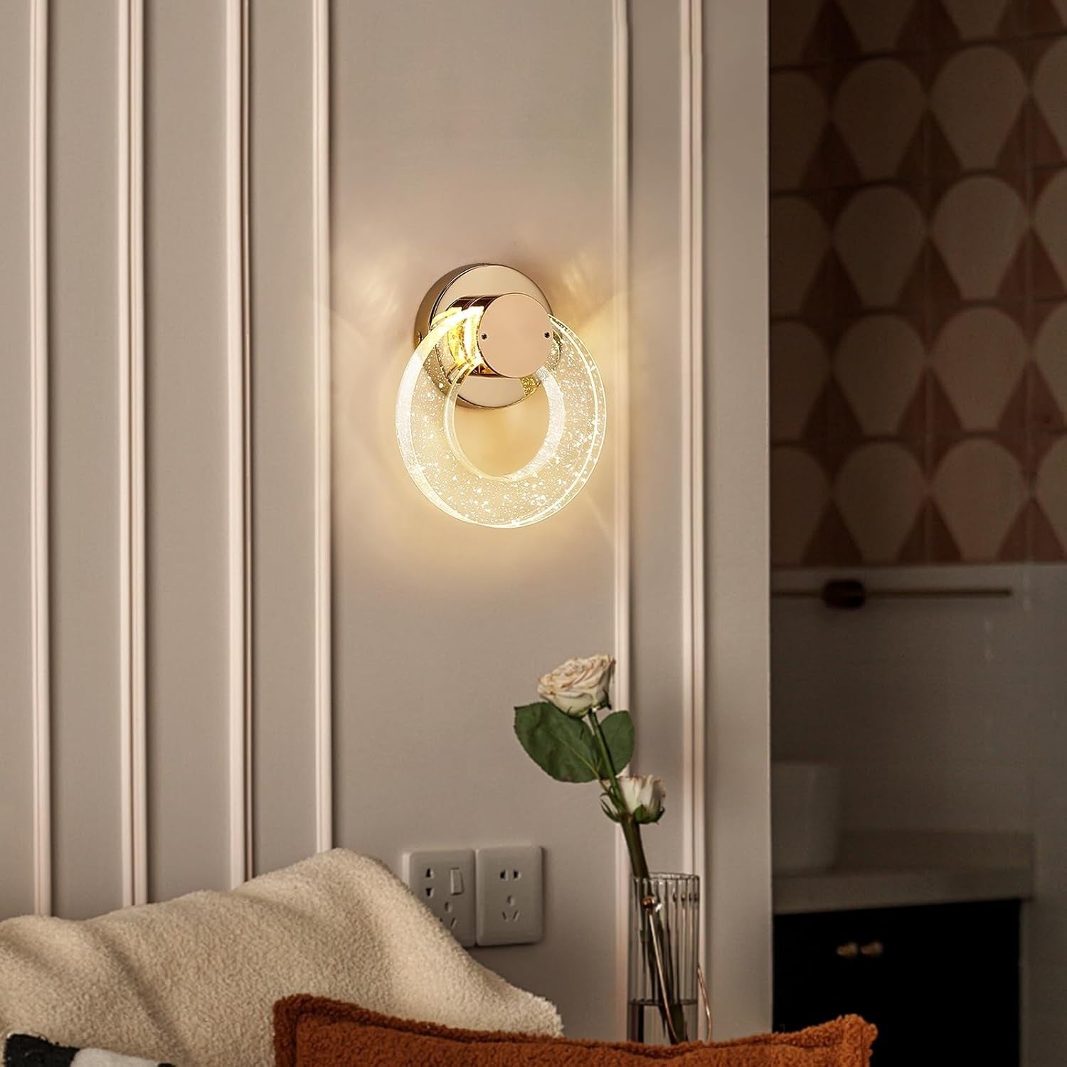 Gold Crystal Wall Lamp LED Sconce 12W Tri-Color Light Modern Round Fixture