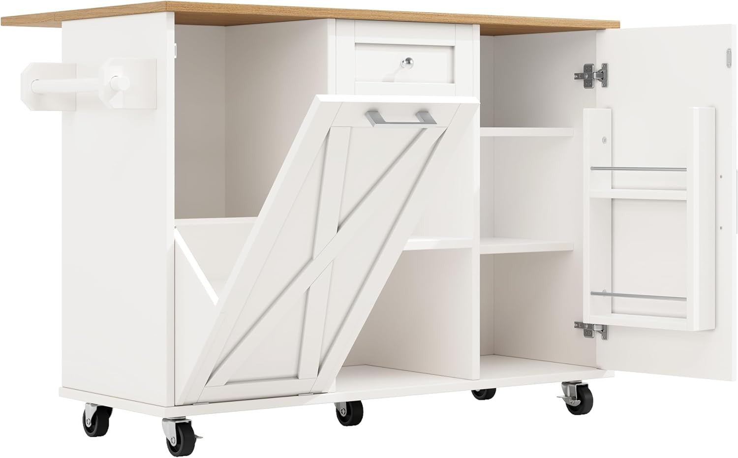 White Rolling Kitchen Island Foldable Table Storage
