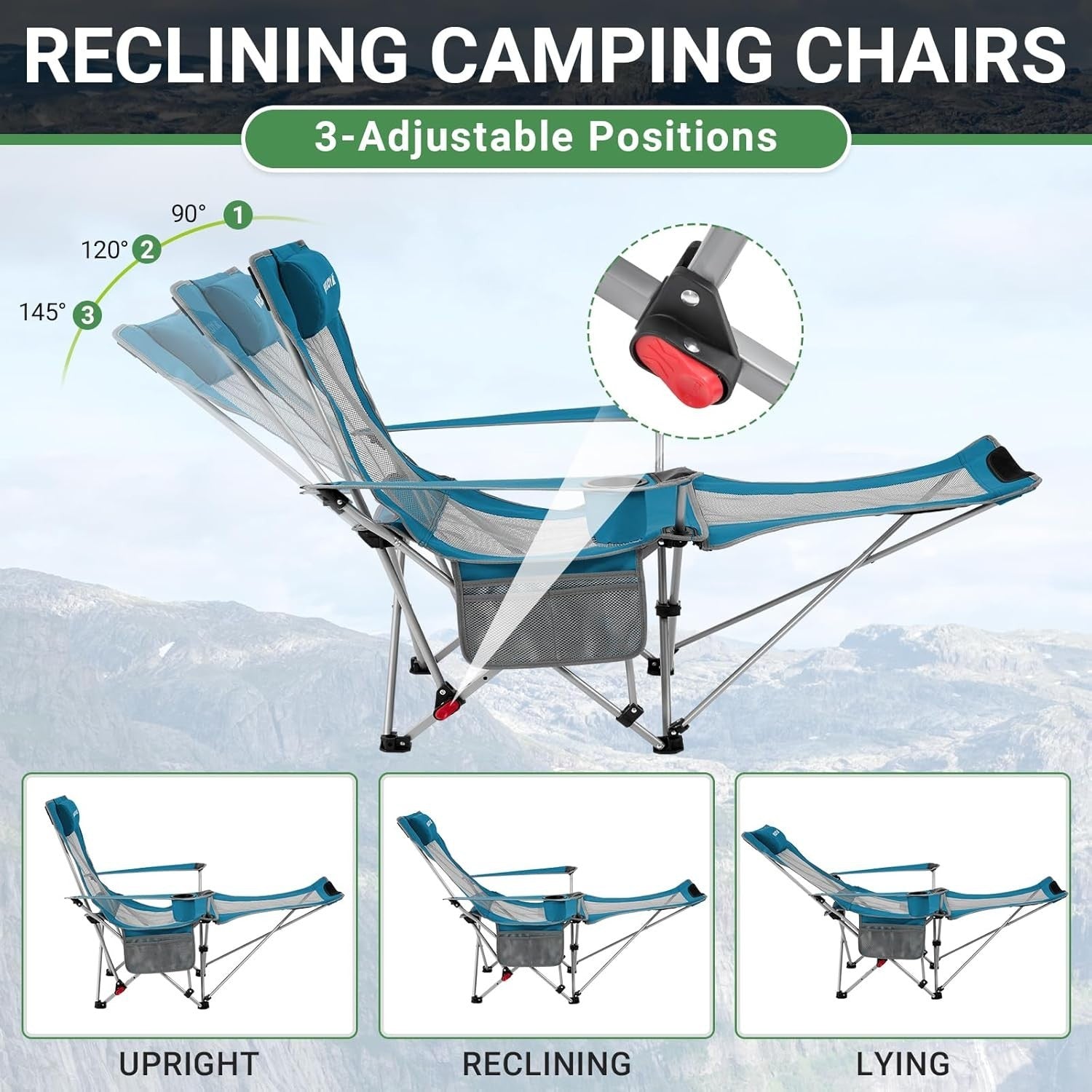 2x Reclining Folding Camping Chairs w/ Footrest & Headrest Beach Garden