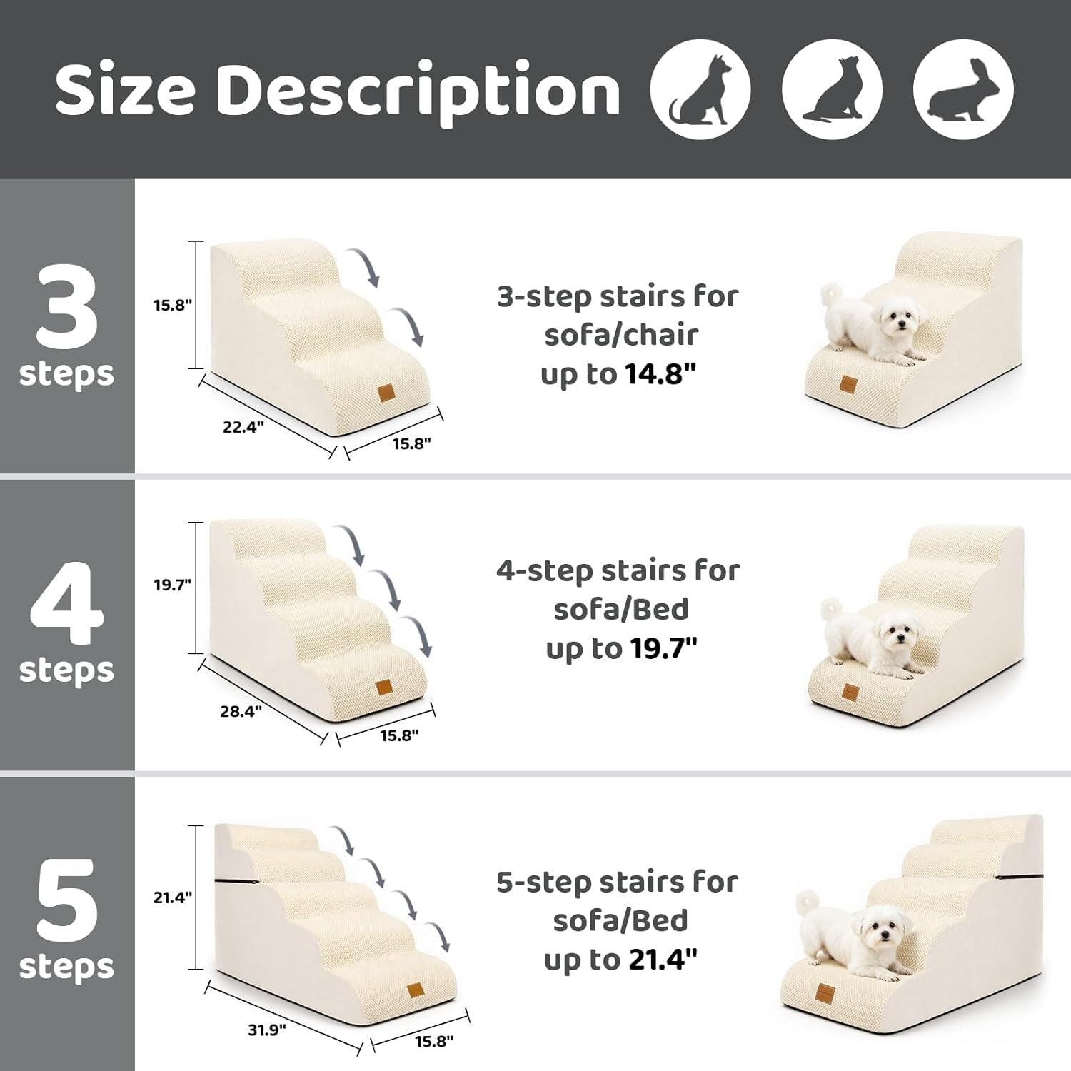 Dog Steps for Bed 5Step Non-Slip Pet Stairs Ladder Foam Ramp with Plush Cover