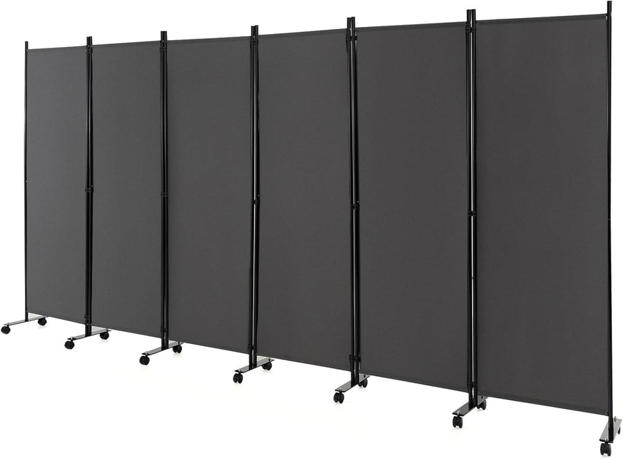 6 Panel Grey Folding Room Divider Privacy Screen on Wheels for Home Office