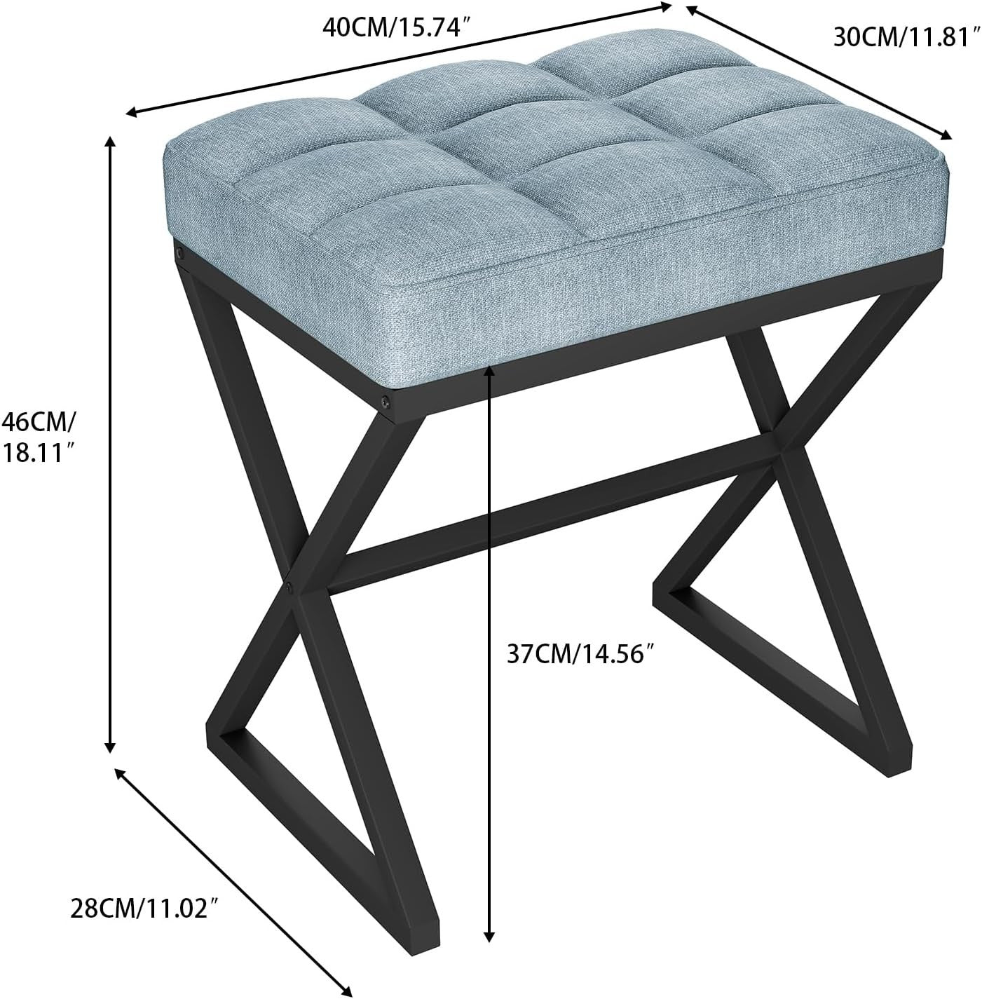 Blue Grey Linen Vanity Stool with X-Shaped Metal Legs Footrest Bench 40x30x46cm