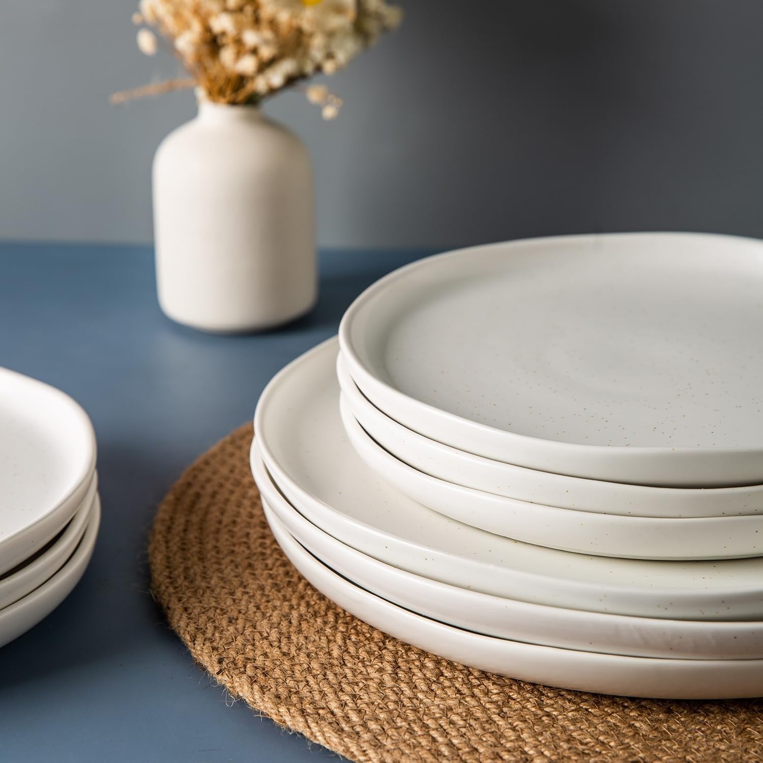 18pc Stoneware Dinner Set Wavy Rim Plates Bowls Matte Speckled White