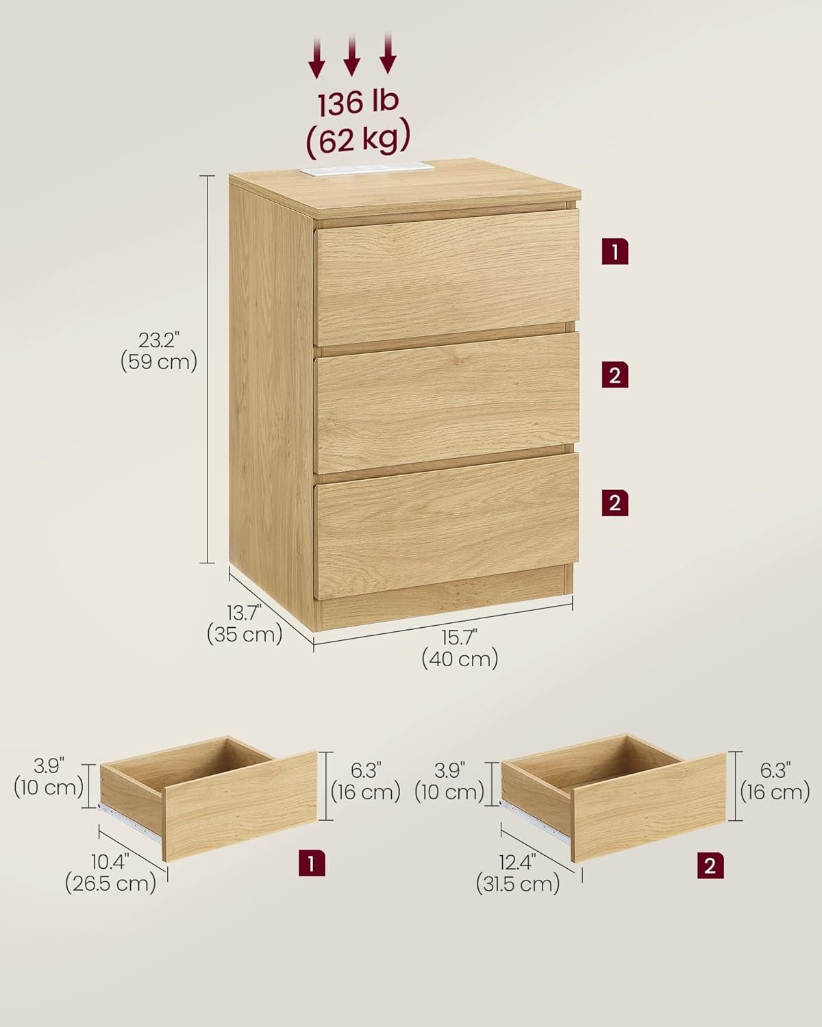 Oak Bedside Table with Charging Station, 3 Drawers, USB & AC Ports, Modern