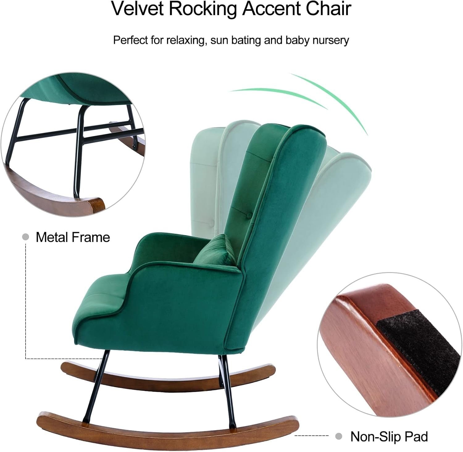 Velvet Rocking Chair for Adults – Comfy Armchair, Solid Wood Legs, Stylish Recli
