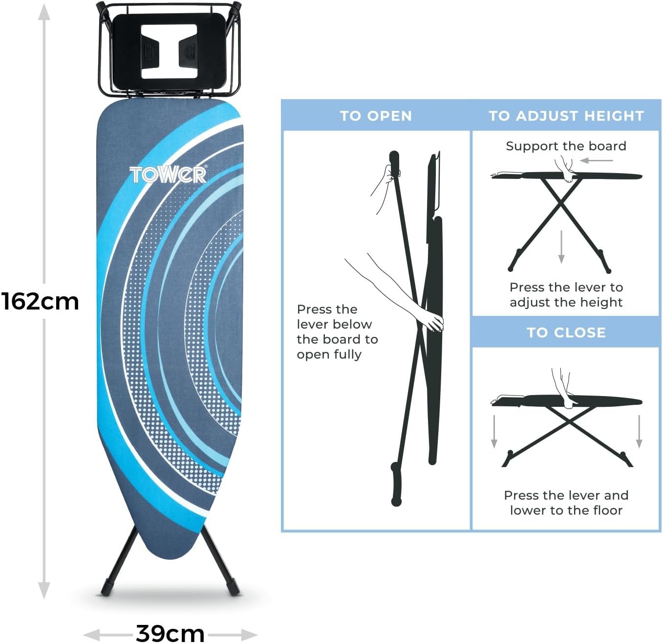 Large Ironing Board Adjustable Height Smooth Glide Cover Non Slip Feet