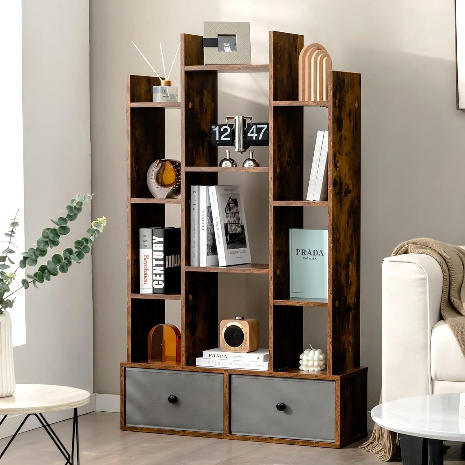12-Tier Rustic Brown Wooden Bookshelf with 2 Foldable Drawers, Space Saver