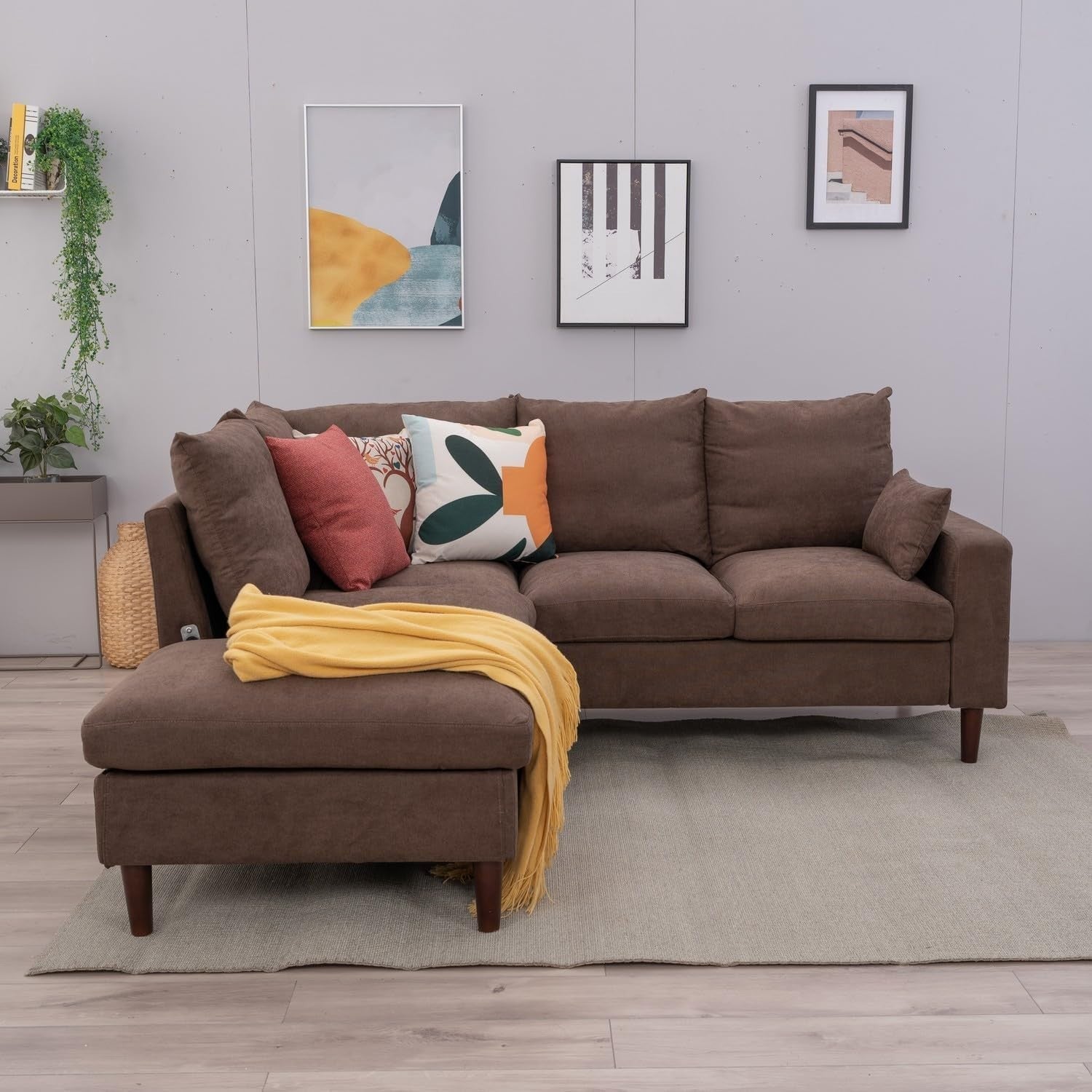 5 Seater L-Shape Corner Sofa w/ Chaise & USB Port – Brown Linen Modern