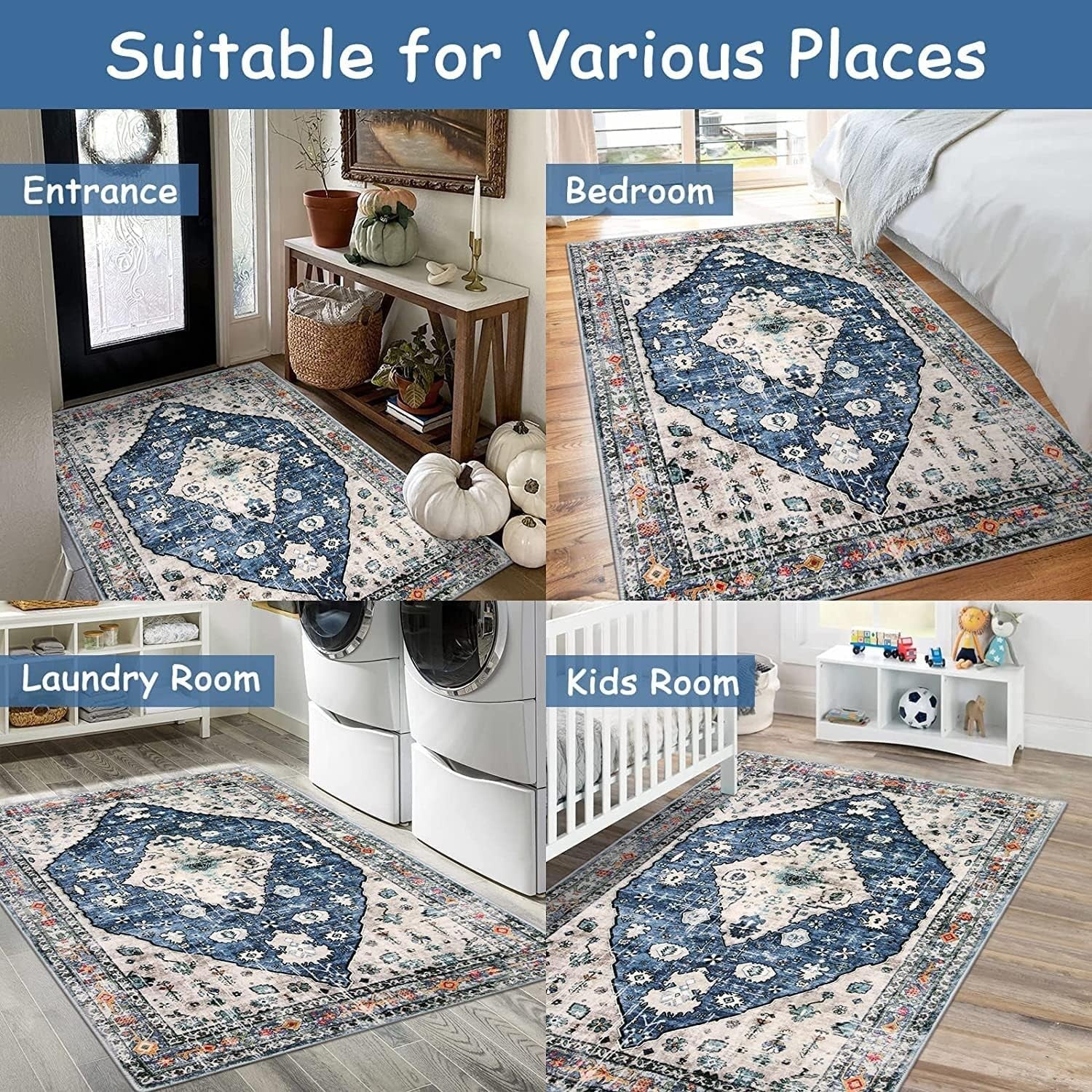Vintage Boho Area Rug 90x150cm Washable Non Slip Short Pile Living Room Bedroom