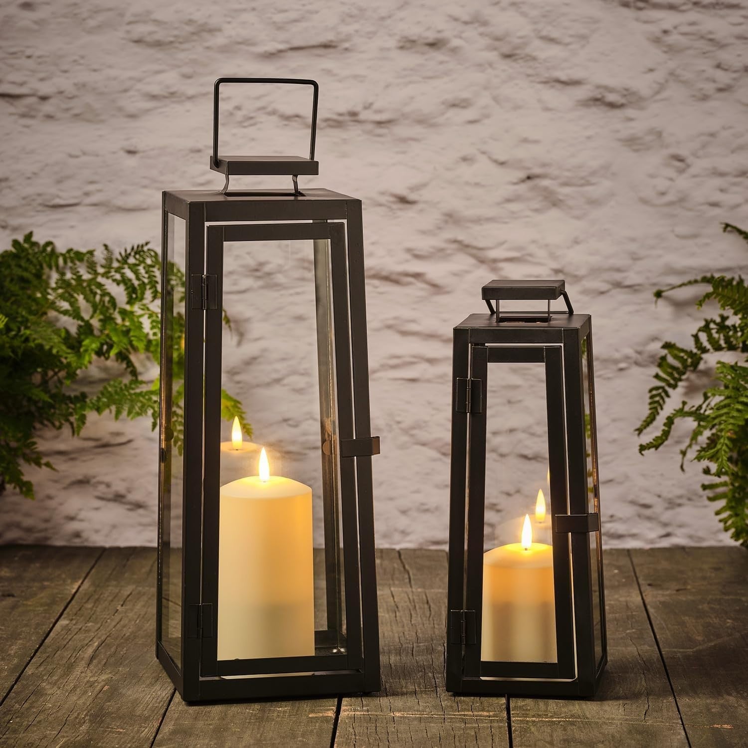 2 Pack Black Metal LED Candle Lanterns with Timer Indoor Outdoor