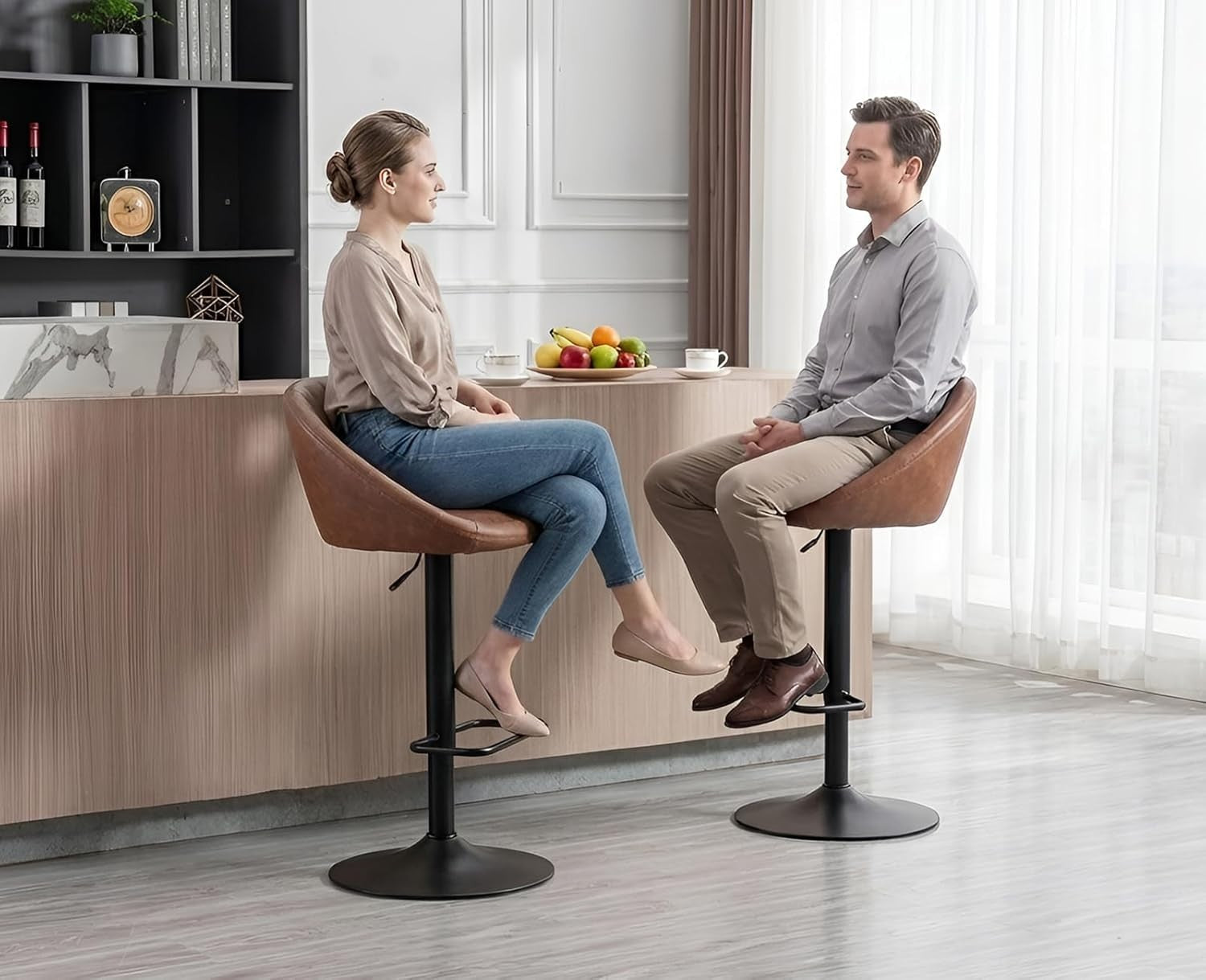 Bar Stools Set of 2 PU Brown L-Shaped Adjustable PU Counter Chairs