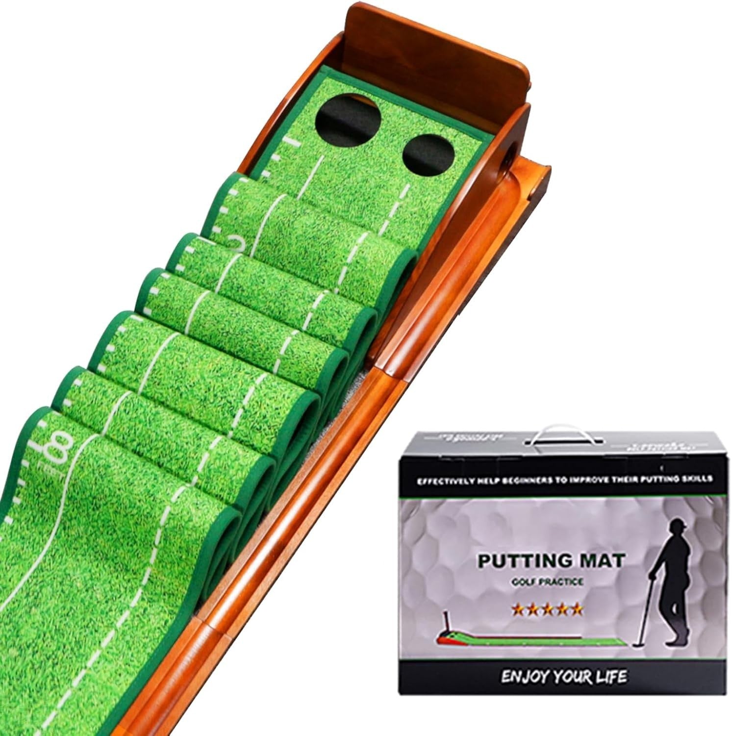 Golf Putting Mat Practice Indoor Trainer Automatic Ball Return Wooden Base