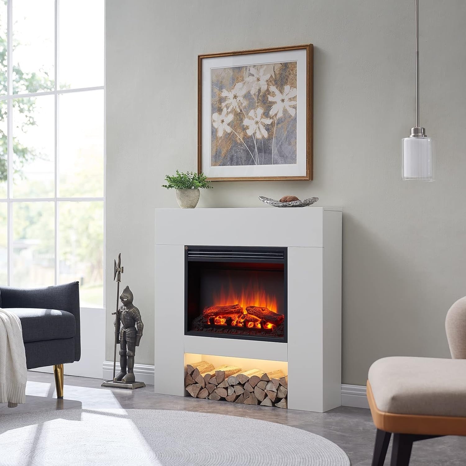 White Electric Fireplace Suite Heater 2kW Log Storage Flame Effect