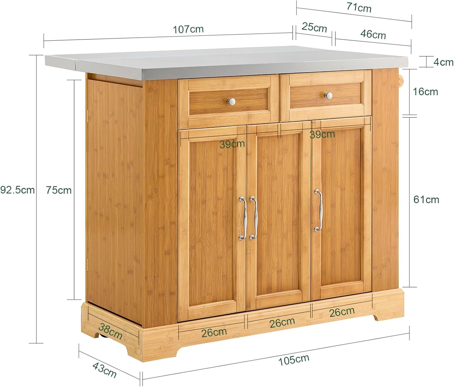 Large Kitchen Island Trolley on Wheels Stainless Steel Worktop Storage Unit