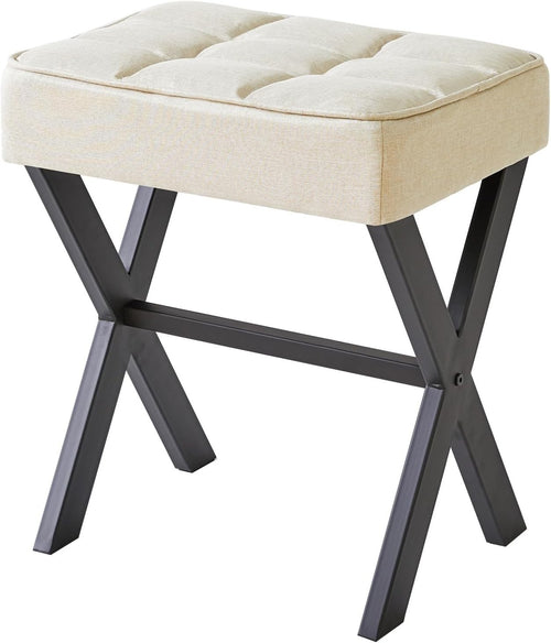 Grey Linen X-Leg Makeup Stool – Modern Ottoman Footrest & Side Table