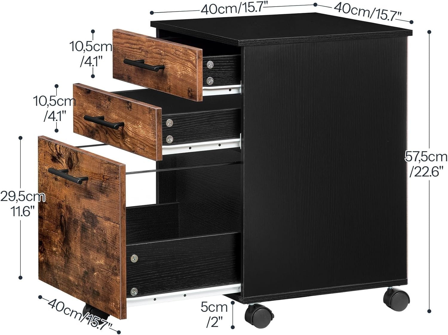 3 Drawer Mobile Filing Cabinet Rolling Office Storage Rustic Brown Black