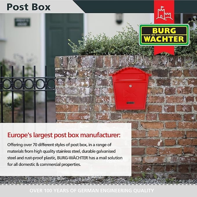 Lockable Wall Mounted Red Steel Post Box Weatherproof Secure Mailbox 36x37x13cm