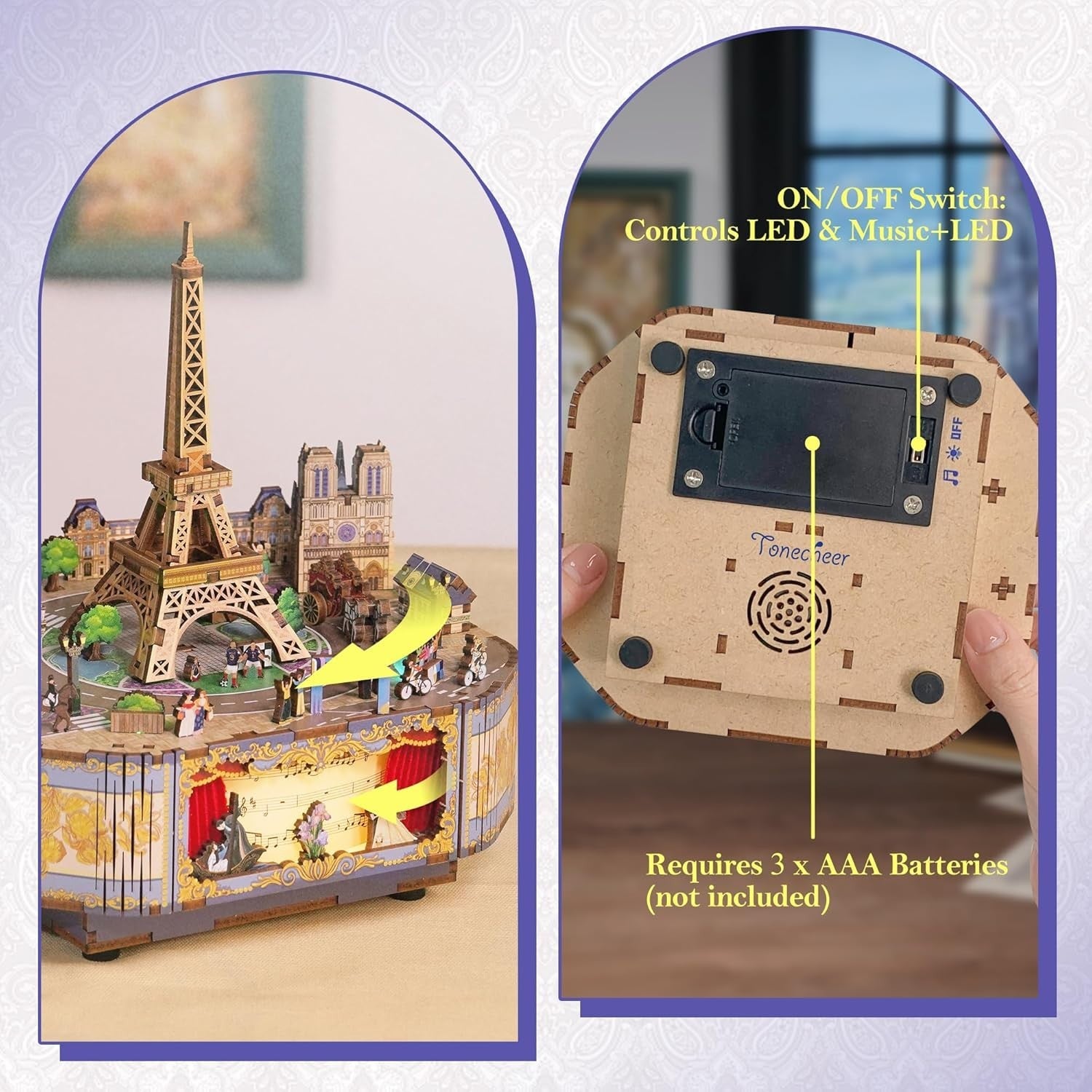 Wooden 3D Music Box Puzzle for Adults DIY Paris Decor Gift  LED Lights