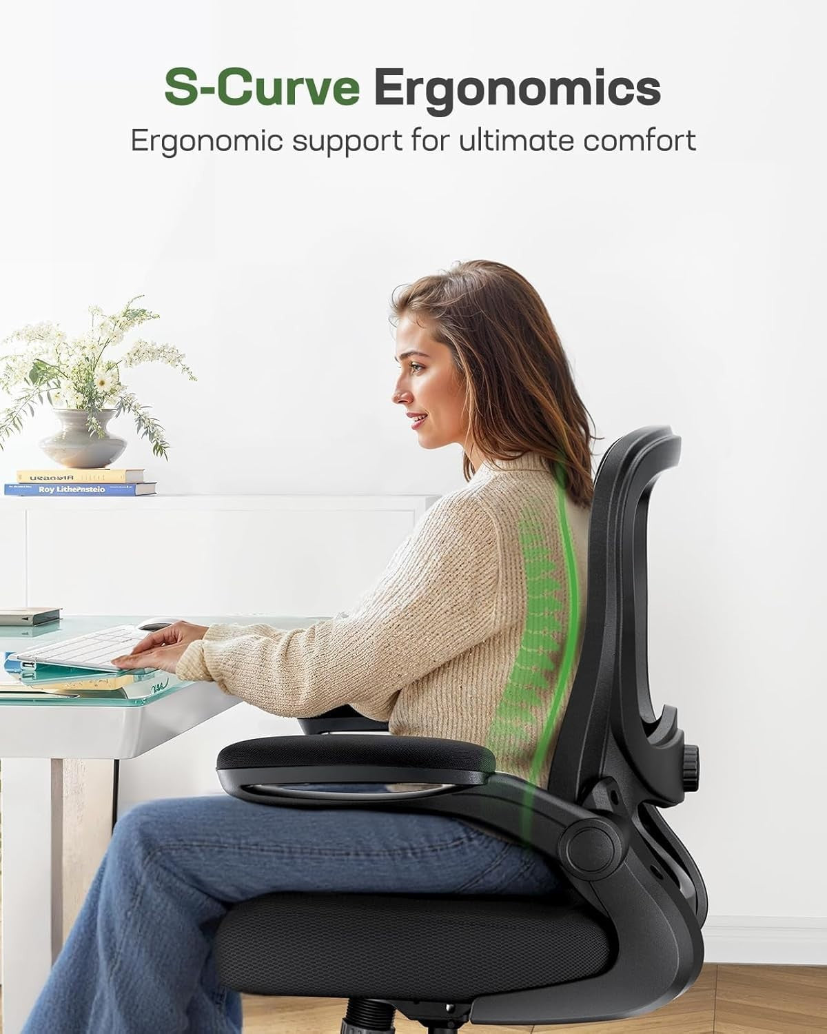 Ergonomic Gaming Office Chair Recliner Flip-Up Arms Lumbar Support Mesh Ebony