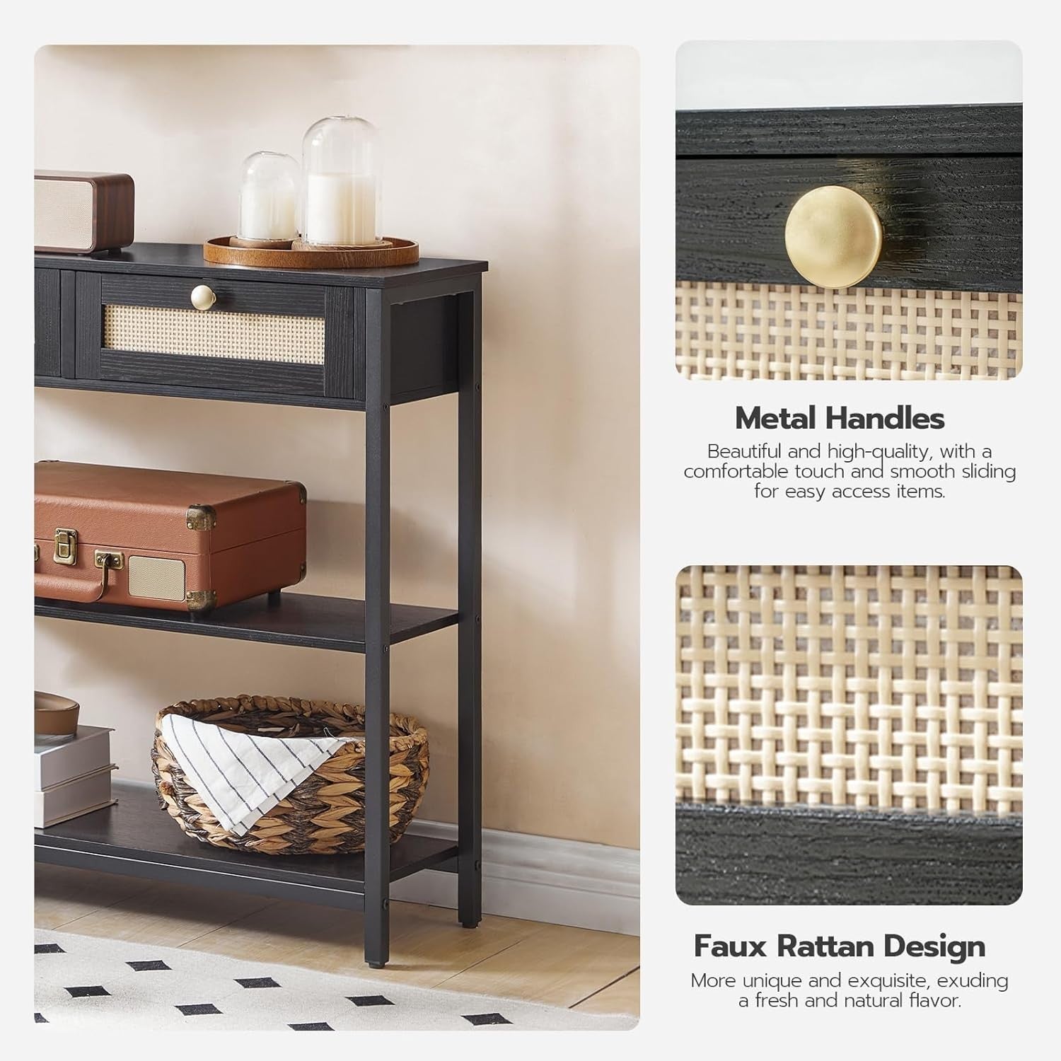 Black Rattan Console Table with Drawers & Shelves, Narrow Hallway Storage