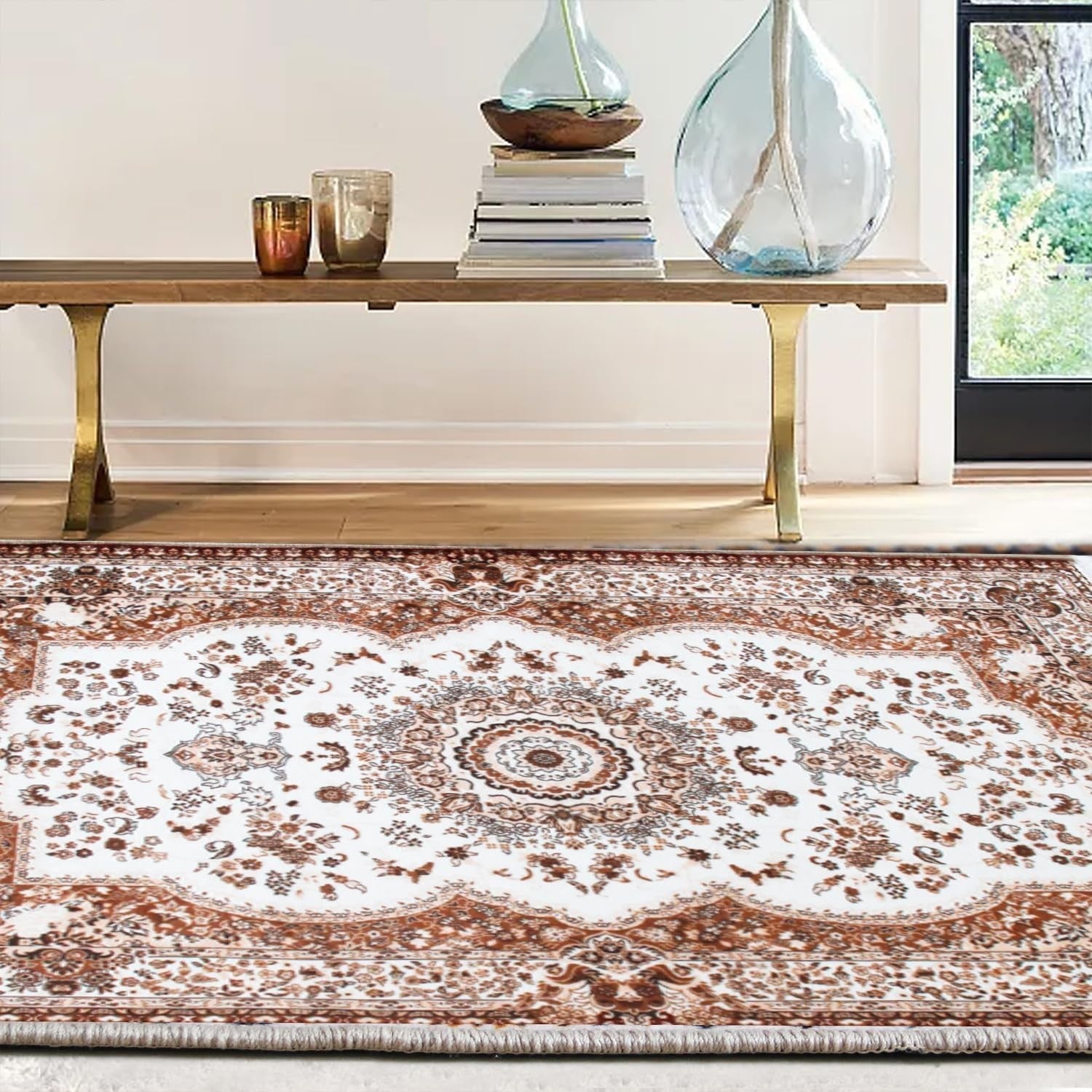 Beige Vintage Area Rug 200x290cm Distressed Low Pile Large Living Room Carpet