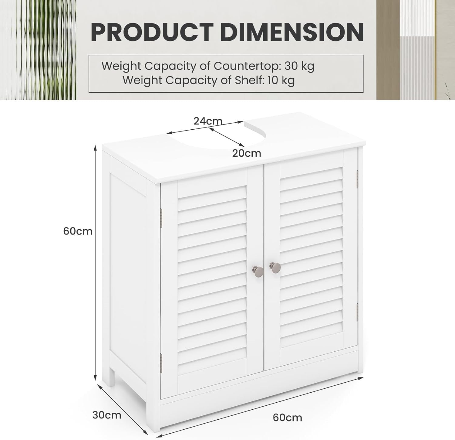 White Under Sink Bathroom Cabinet – 2 Shutter Doors Storage Unit 60x30x60cm