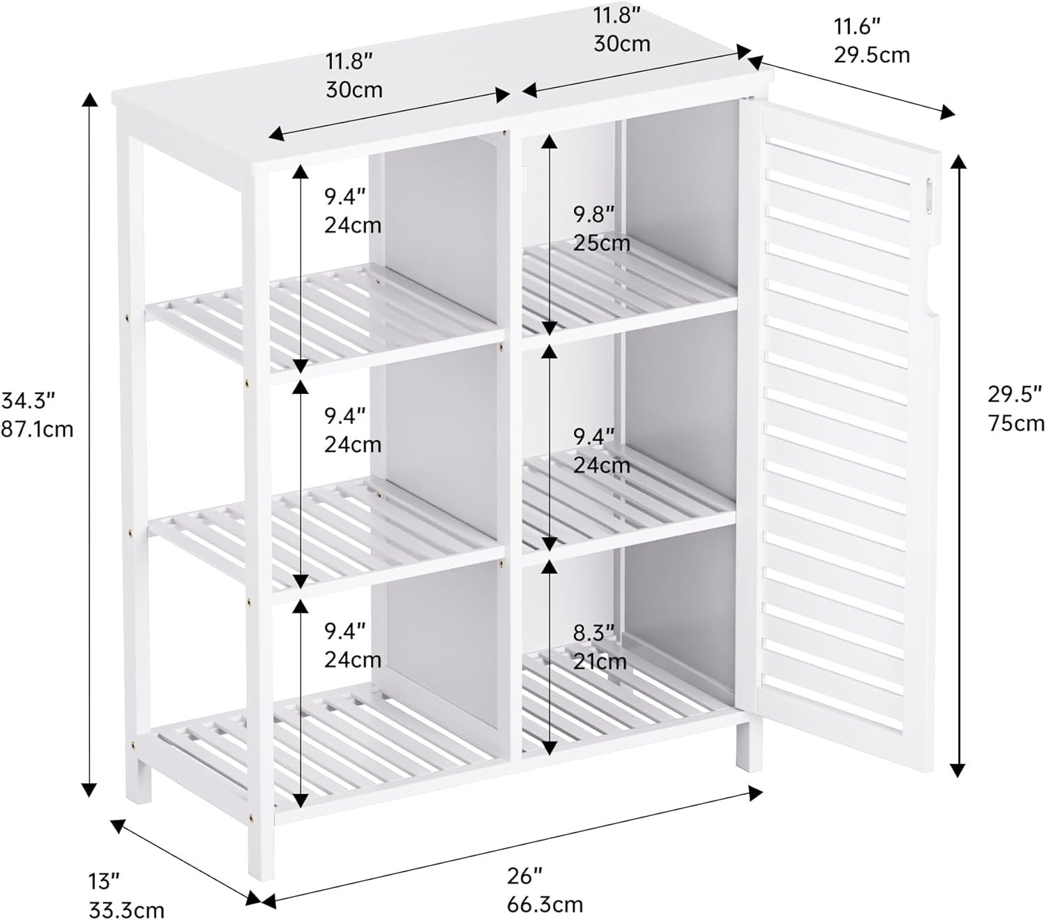 White Bamboo Storage Cabinet with Shelves Modern Cupboard 63x33x87cm