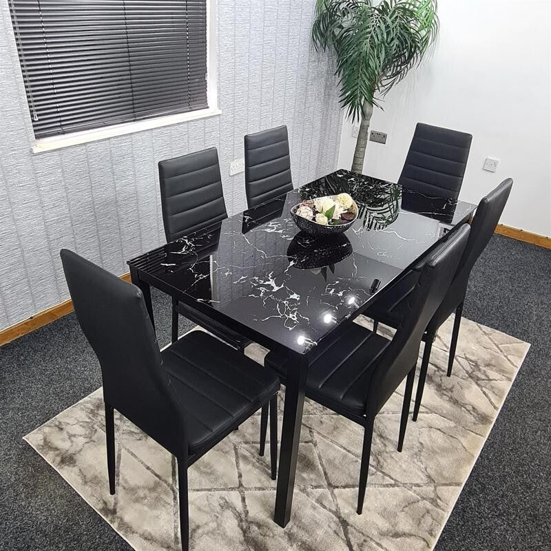 6 Seat Black Marble Effect Glass Dining Table & 6 Chairs Modern Set
