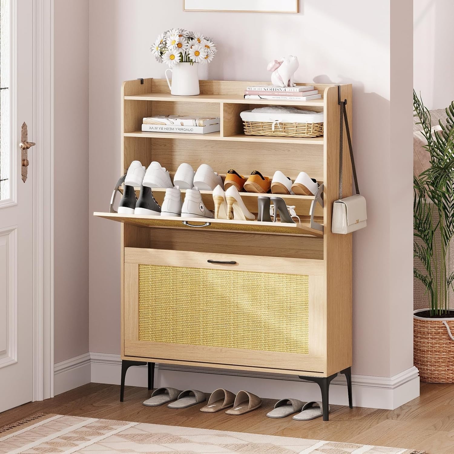 Rattan Oak Shoe Cabinet | Slim 2 Drawer Storage Unit with Open Shelves 80x24x114
