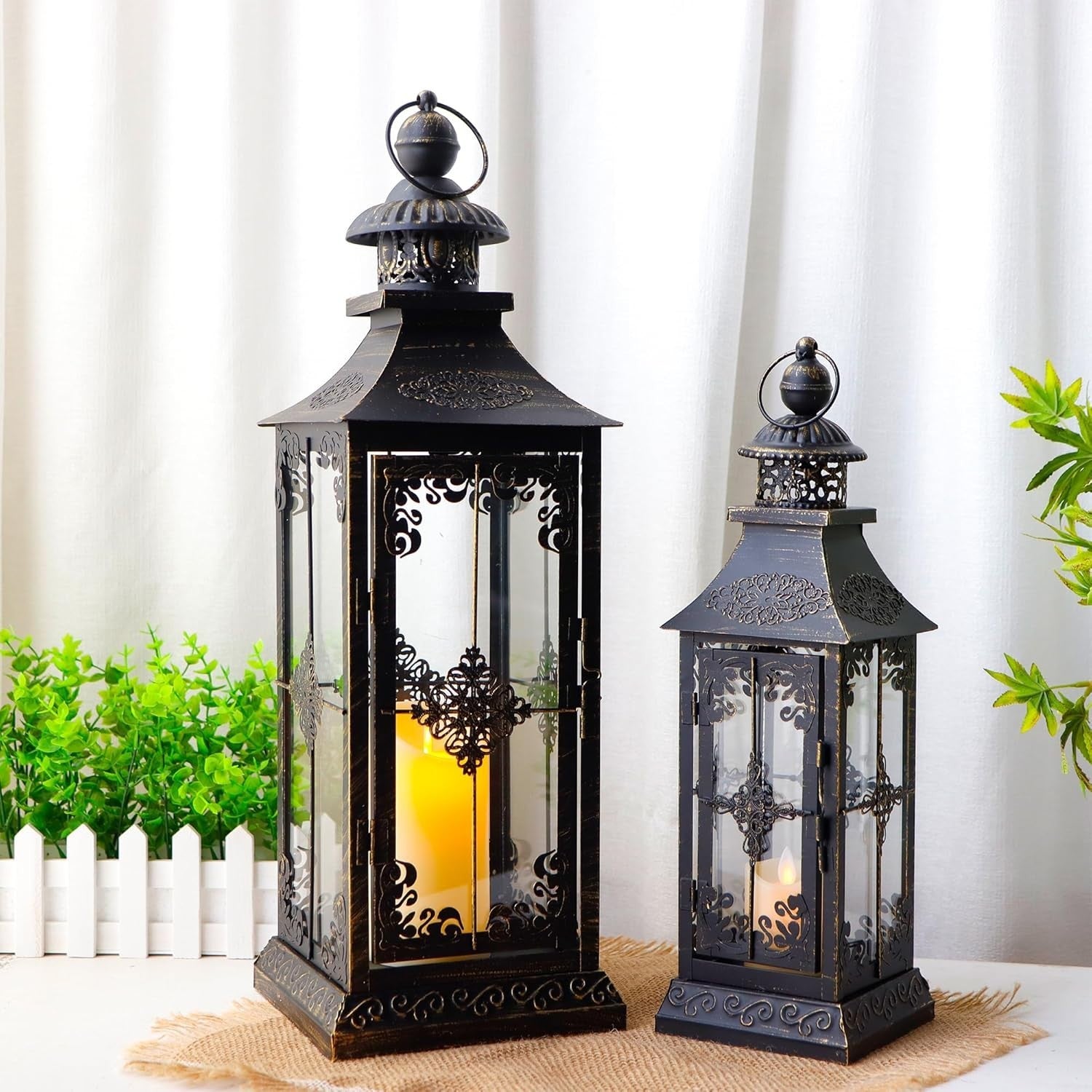 2 Pack Black Vintage Metal Candle Lanterns Indoor Outdoor