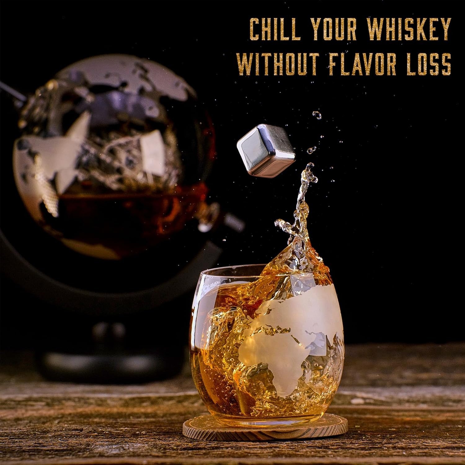 900ml Globe Whiskey Decanter Set with Glasses Stones Tongs Luxury Gift Men