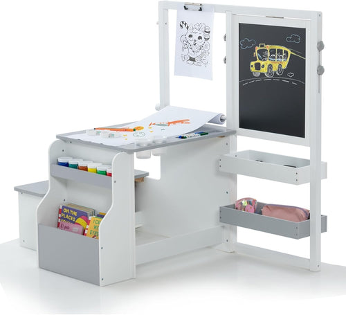 Kids Art Table with Double-Sided Easel, Storage, Paper Roll & Bench Set