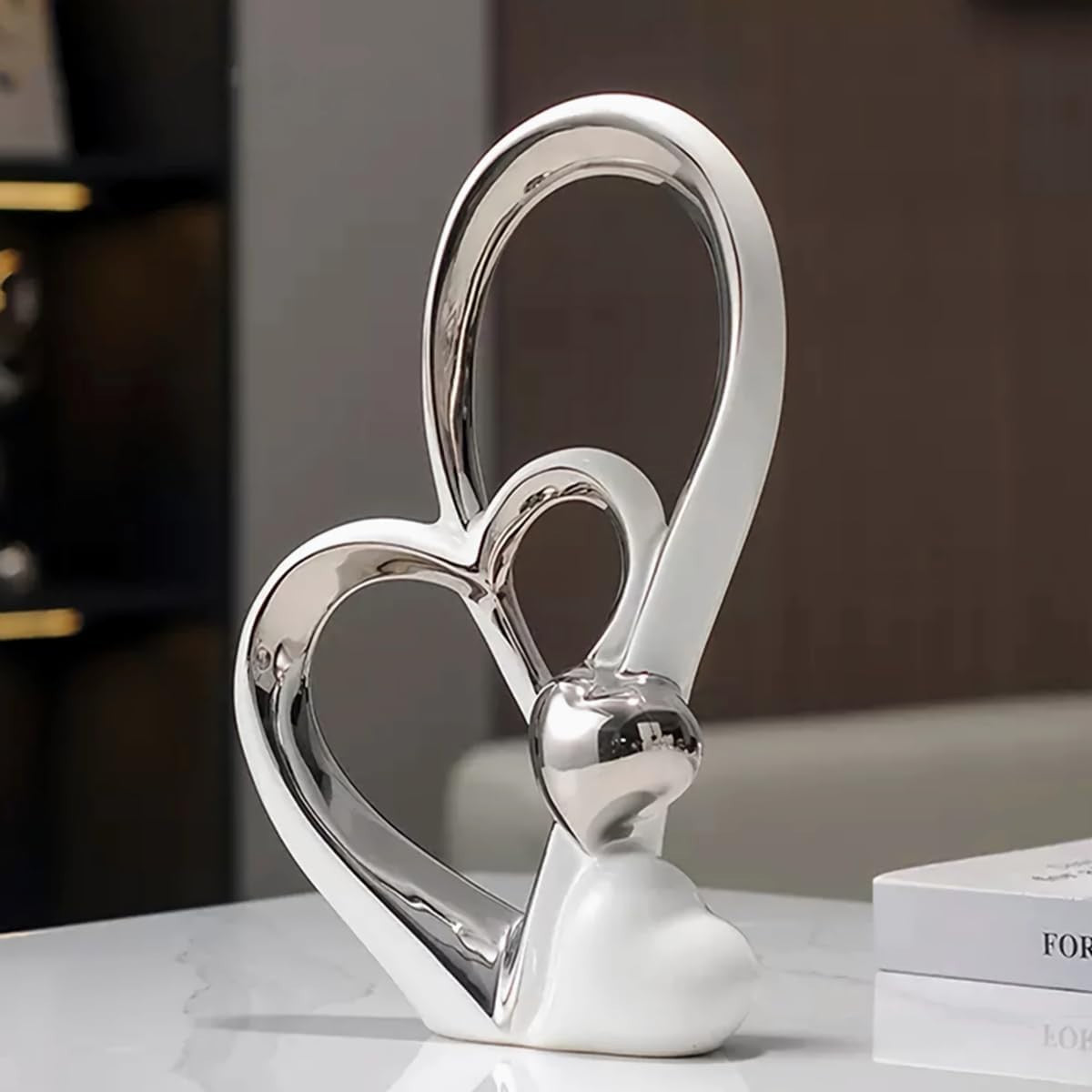 White Silver Double Heart Ceramic Sculpture Modern Luxury Home Decor Ornament