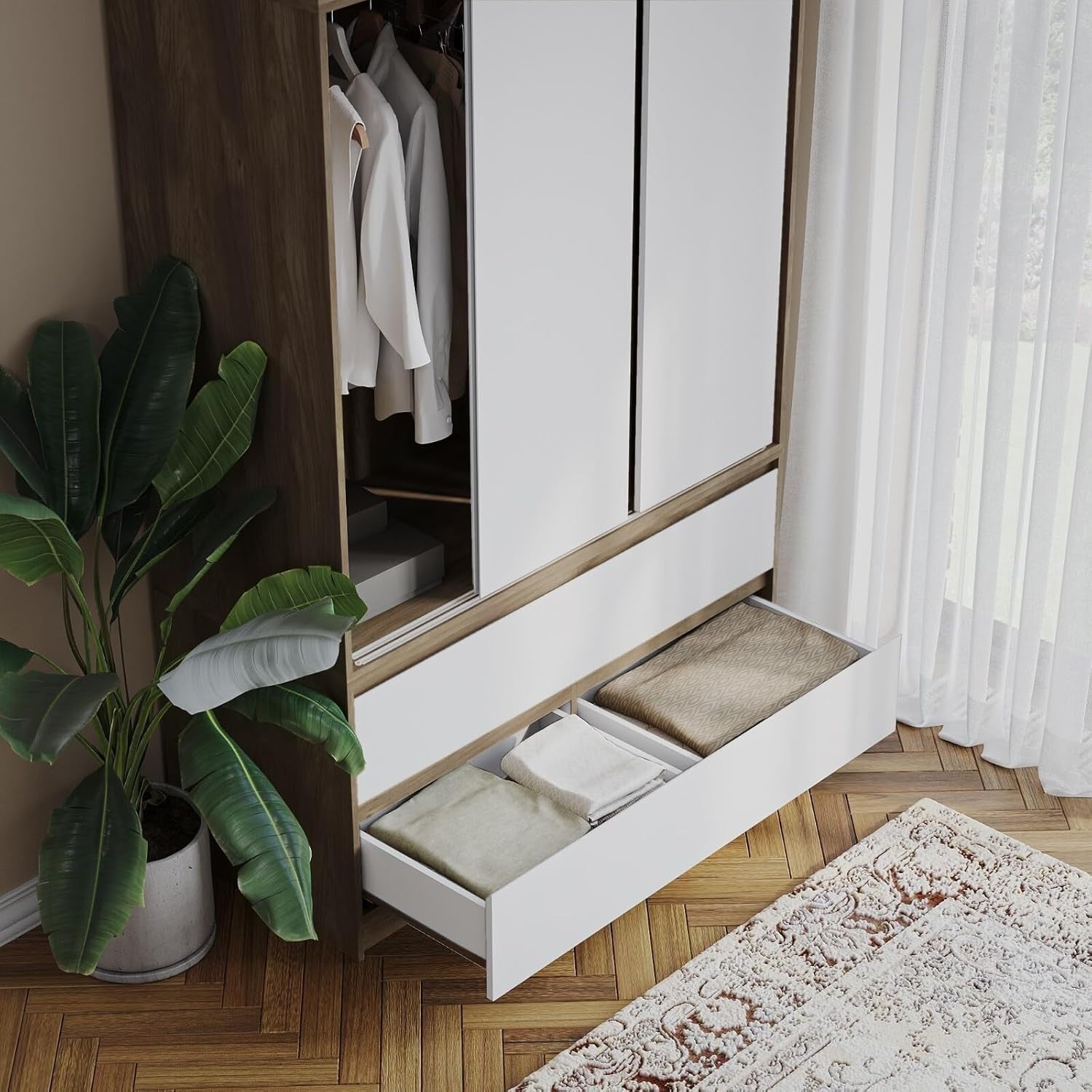 White 6 Door Sliding Wardrobe with Drawers 240cm Storage Closet Unit