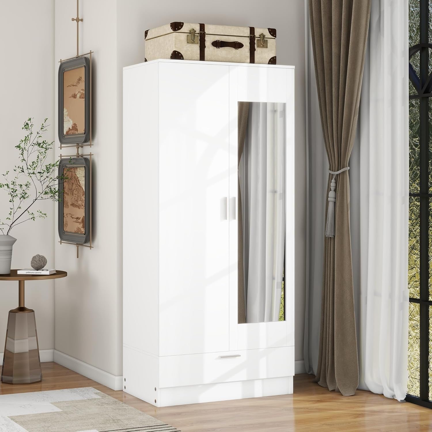 White Mirrored 2-Door Wardrobe with Drawer | Compact Bedroom Storage