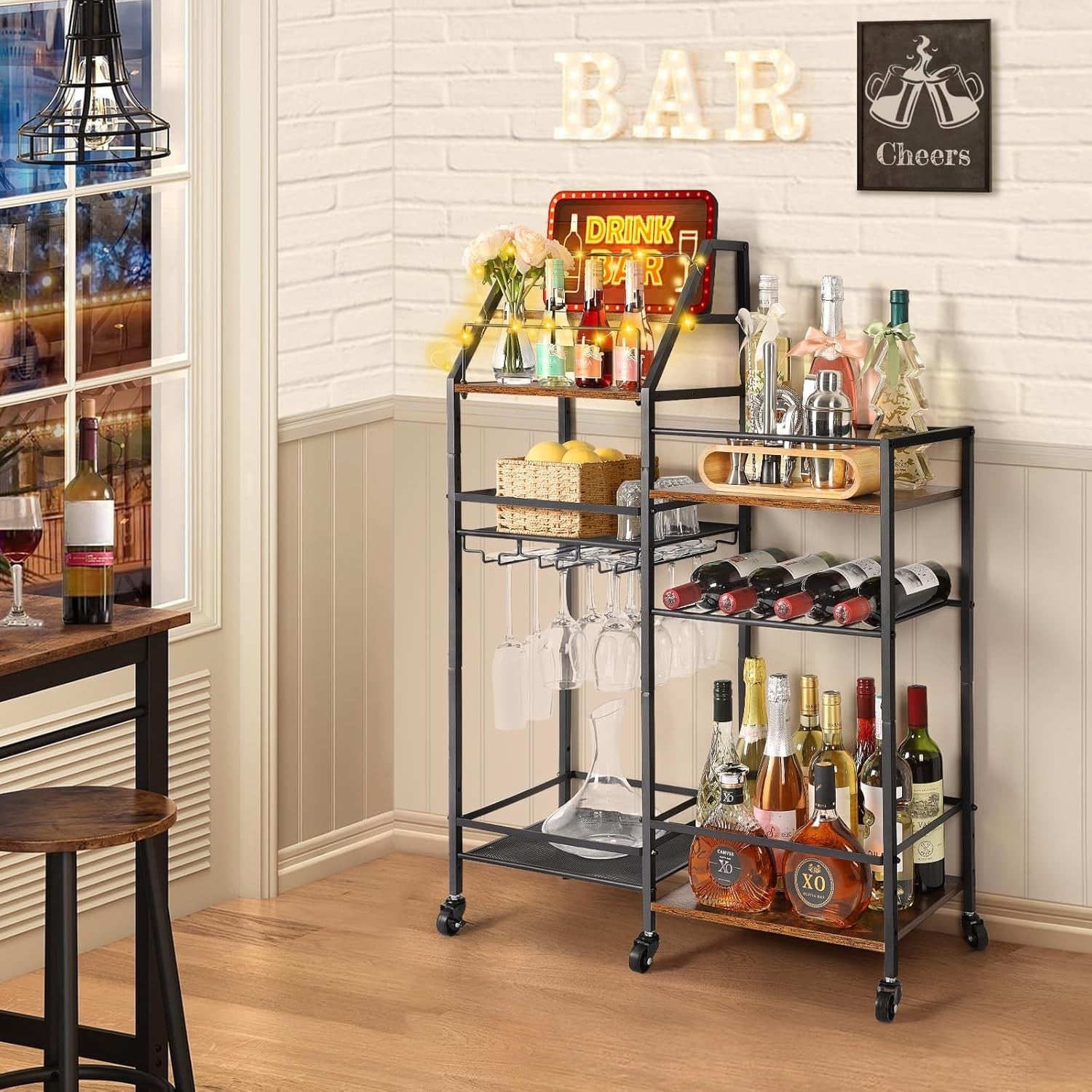 Rolling Bar Cart Drinks Trolley with Wine Rack & Glass Holder 3 Tier Storage