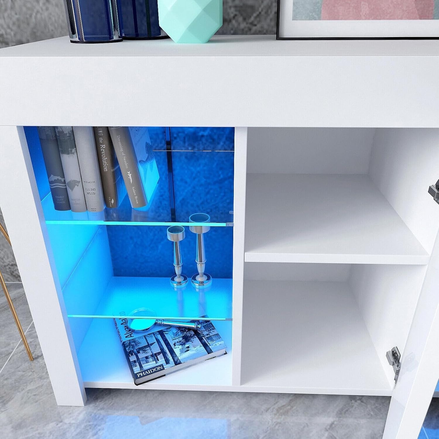 White Gloss Sideboard with Grey Glass Doors & LED Lights | Modern Storage Unit