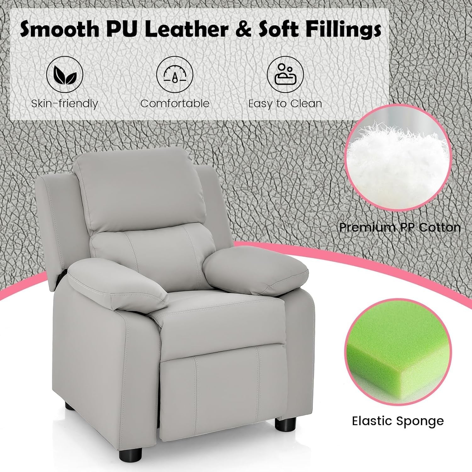 Kids Recliner Chair Adjustable Backrest & Footrest PU Leather Sofa 66x60x73cm