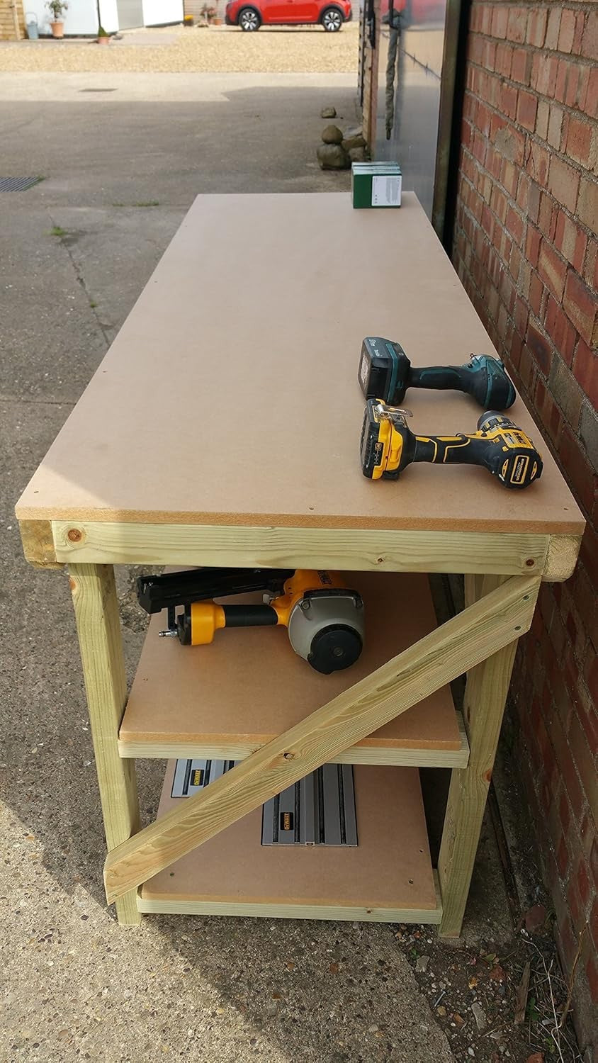 Wood MDF Workbench 8ft Double Shelf 240x70x90cm Heavy Duty Garage Table