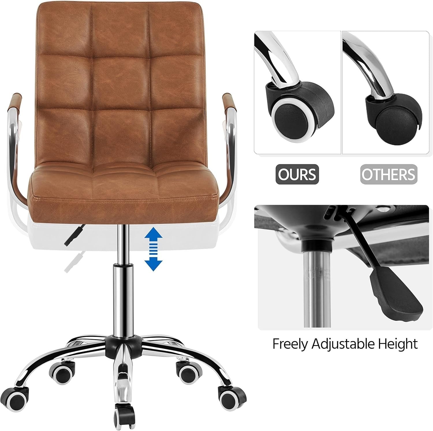 Retro Brown Faux Leather Office Desk Chair Adjustable Swivel Task Rolling Seat