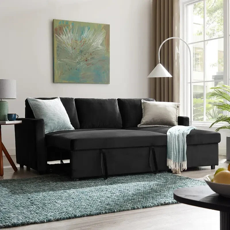 3 Seater Sofa Bed Pull-Out Reversible Chaise Black Velvet Storage Couch