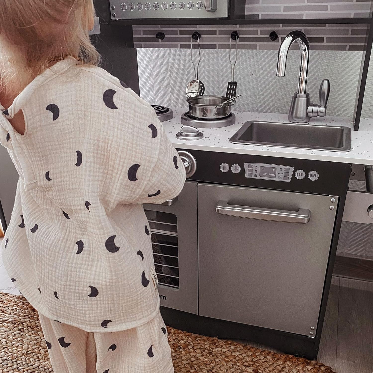 Wooden Kids Play Kitchen LED Lights Pretend Cooking Set Grey Toy